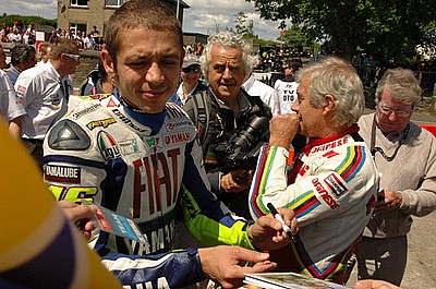 Valentino Rossi and Giacomo Agostini ahead of their lap of the TT course